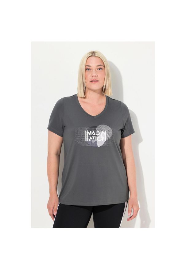 ULLA POPKEN - Damskie Bluzka funkcyjna klasyczna dekolt w szpic rękaw 1/2 z recyklingu. Kolekcja: plus size. Kolor: wielokolorowy, szary, fioletowy. Materiał: poliester, materiał, elastan