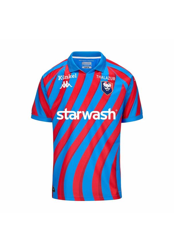 Kappa - Koszulka domowa dla dzieci SM Caen 2024/25. Kolor: wielokolorowy, niebieski, czerwony. Sport: piłka nożna