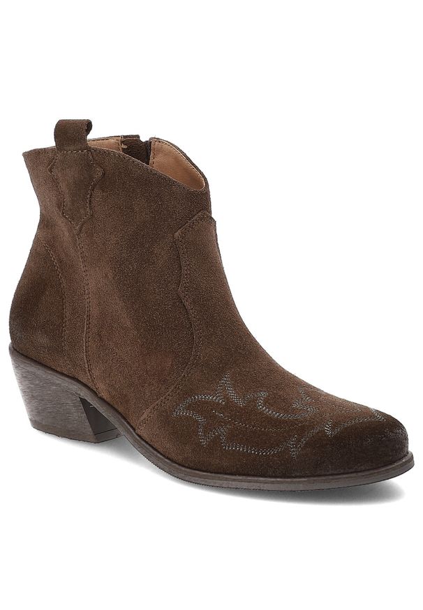 Brązowe Botki Armodo Stylowe Kowbojki Damskie. Okazja: na co dzień. Zapięcie: zamek. Kolor: brązowy. Szerokość cholewki: normalna. Wzór: aplikacja. Materiał: jeans, welur. Obcas: na obcasie. Styl: elegancki. Wysokość obcasa: średni