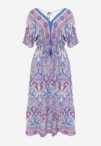 Renee - Niebiesko-Fuksjowa Wiskozowa Sukienka Maxi z Gumką w Pasie Ozdobiona Wzorem Paisley Larite. Okazja: na co dzień, na randkę. Typ kołnierza: dekolt w kształcie V. Kolor: niebieski. Wzór: aplikacja, paisley. Typ sukienki: rozkloszowane. Materiał: wiskoza. Sezon: lato. Styl: casual. Długość: maxi #2