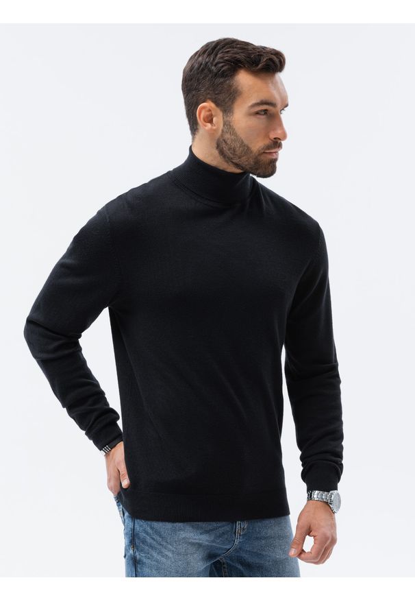 Ombre Clothing - Sweter męski z golfem - czarny E179 - M. Typ kołnierza: golf. Kolor: czarny. Materiał: nylon, wiskoza