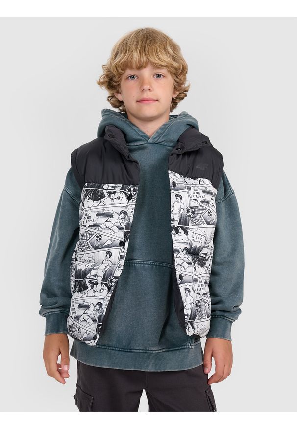 4f - 4F Bezrękawnik puchowy z wypełnieniem syntetycznym chłopięcy - czarno-biały 158 (12-13 lat). Okazja: na co dzień. Typ kołnierza: kołnierzyk stójkowy. Kolor: wielokolorowy. Materiał: puch, syntetyk. Długość rękawa: bez rękawów. Sezon: lato. Styl: casual, klasyczny, sportowy