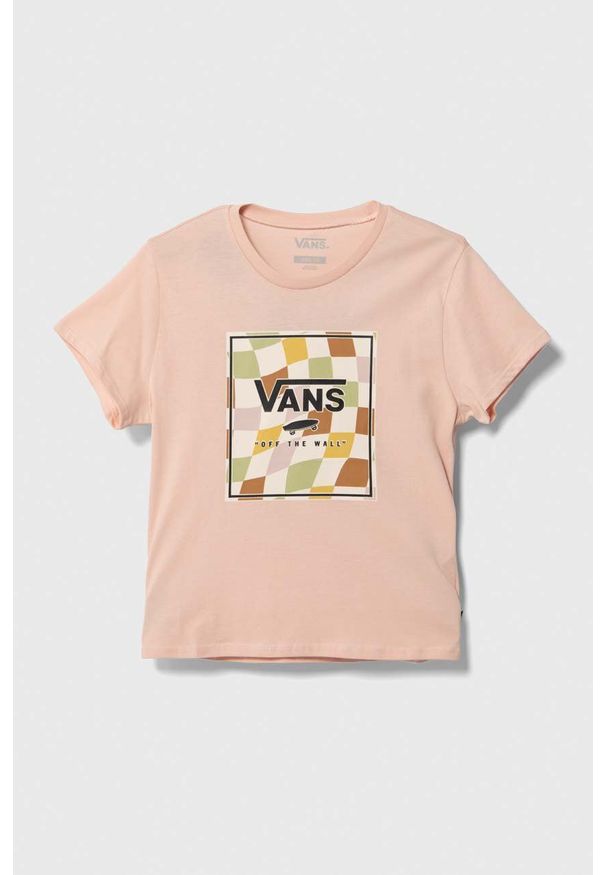 Vans t-shirt bawełniany dziecięcy CHECKER BOX CREW VN000795BQL1 kolor pomarańczowy. Kolor: pomarańczowy. Materiał: bawełna. Długość rękawa: krótki rękaw. Długość: krótkie. Wzór: nadruk. Styl: klasyczny
