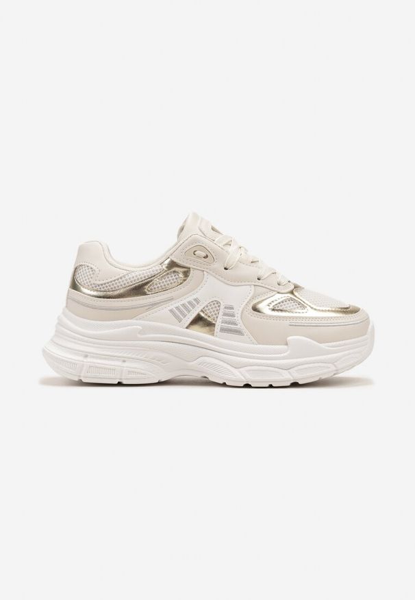 Renee - Beżowe Sneakersy na Tłoczonej Podeszwie z Ozdobnymi Wstawkami Lanevi. Kolor: beżowy. Wzór: aplikacja, kolorowy