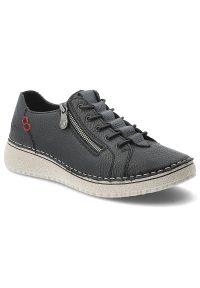 Półbuty damskie Rieker, cholewka ze skóry naturalnej o ziarnistej fakturze z sznurowaniem i bocznym zamkiem, niebieskie, 50965-14. Okazja: na co dzień. Zapięcie: zamek. Kolor: niebieski. Materiał: skóra. Szerokość cholewki: normalna. Wzór: aplikacja. Styl: casual, klasyczny #6