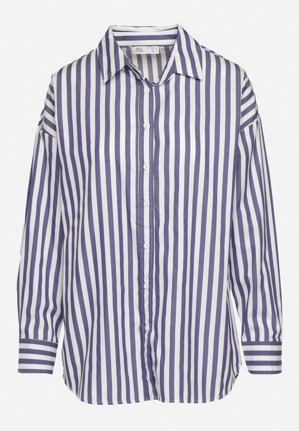 Born2be - Granatowo-Biała Koszula z Bawełny Zapinana na Guziki w Paski Blilia. Okazja: na co dzień, na spotkanie biznesowe, do pracy. Typ kołnierza: kołnierzyk klasyczny. Kolor: niebieski. Materiał: bawełna. Długość rękawa: długi rękaw. Długość: długie. Wzór: paski. Styl: casual, biznesowy, elegancki, klasyczny