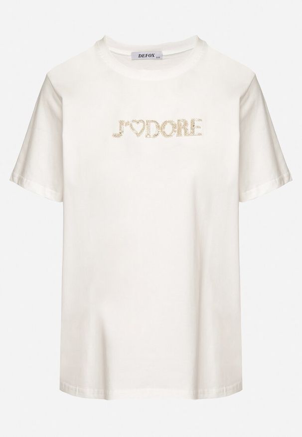 Born2be - Biały Bawełniany T-shirt Ozdobiony Napisem Nalaviraen. Okazja: na randkę, na co dzień, na spacer. Kolor: biały. Materiał: bawełna. Wzór: napisy, aplikacja. Styl: elegancki, casual
