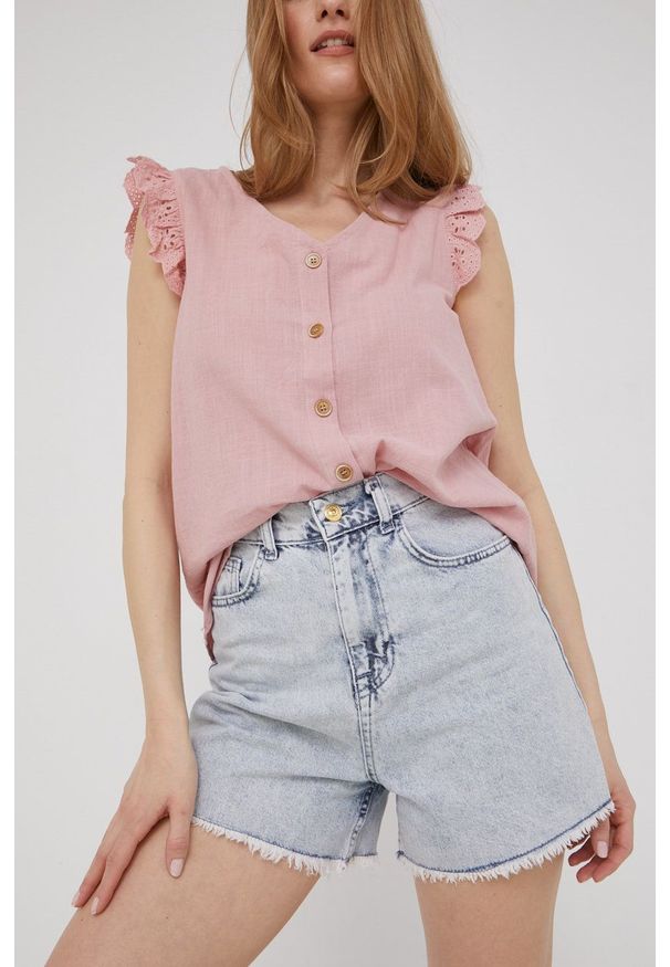 Answear Lab szorty jeansowe damskie gładkie high waist. Okazja: na co dzień. Stan: podwyższony. Kolor: niebieski. Materiał: jeans. Wzór: gładki. Styl: wakacyjny