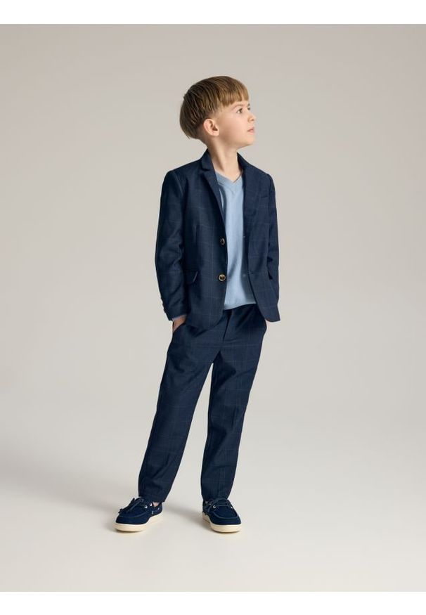 Reserved - Eleganckie spodnie w kratę - granatowy. Kolor: niebieski. Materiał: dzianina, wiskoza. Styl: elegancki