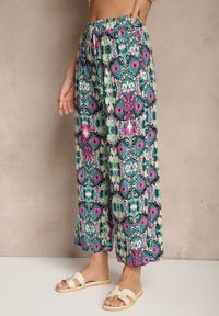 Renee - Zielono-Różowe Bawełniane Spodnie High Waist Szerokie we Wzór Boho Tolioria. Okazja: do pracy, na co dzień. Stan: podwyższony. Kolor: zielony. Materiał: bawełna. Styl: boho