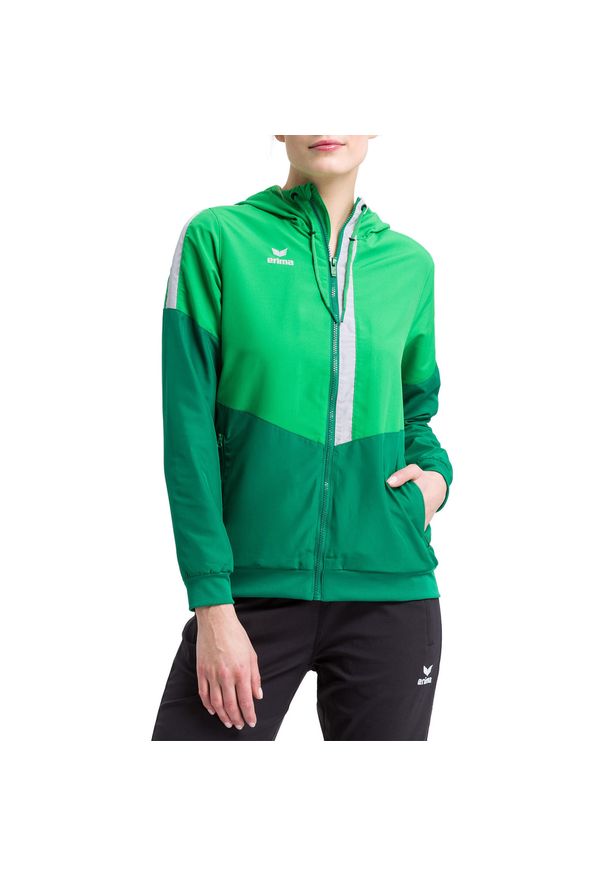 ERIMA - Damska kurtka z kapturem Erima Tracktop Squad. Typ kołnierza: kaptur. Kolor: zielony. Sport: piłka ręczna