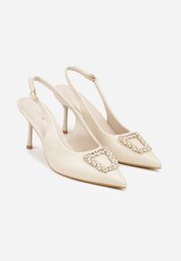 Renee - Beżowe Sandały na Szpilce Ozdobione Aplikacją z Cyrkoniami Isleheart. Zapięcie: sprzączka. Kolor: beżowy. Materiał: jeans. Wzór: aplikacja. Obcas: na szpilce. Styl: elegancki #7