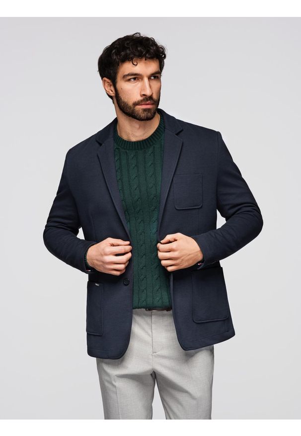 Ombre Clothing - Męska marynarka SLIM z dzianiny o subtelnej strukturze – granatowa V3 - Rozmiar: XXL. Okazja: do pracy. Kolor: niebieski. Materiał: dzianina. Wzór: kolorowy. Styl: klasyczny