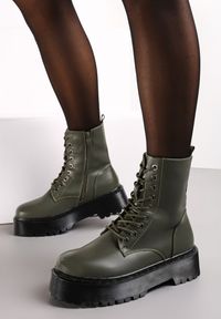 Born2be - Zielone Botki Workery na Platformie ze Sznurowaniem Ixuelli. Nosek buta: okrągły. Kolor: zielony. Materiał: dzianina, jeans, skóra. Obcas: na platformie. Styl: elegancki, klasyczny #3
