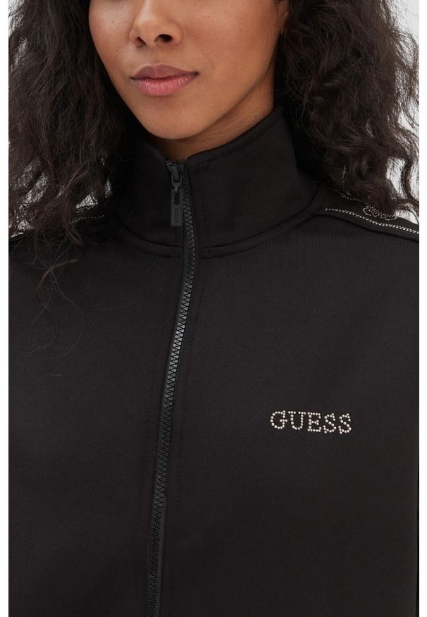 Guess - GUESS Czarna rozpinana bluza damska z lamapsami i cyrkoniami Octavia, Rozmiar M. Okazja: na co dzień. Kolor: czarny. Styl: elegancki, casual, sportowy