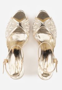 Renee - Złote Sandały na Szpilce z Siateczki z Perłowymi Zdobieniami i Cyrkoniami Kisea. Okazja: na wesele, na ślub cywilny. Kolor: złoty. Materiał: satyna. Wzór: aplikacja. Obcas: na szpilce. Styl: elegancki, glamour #6