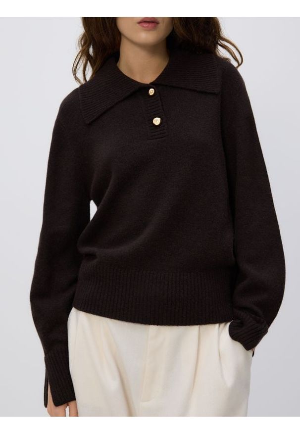 Reserved - Wełniany sweter z kołnierzem - ciemnobrązowy. Kolor: brązowy. Materiał: wełna