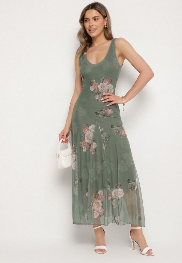 Born2be - Ciemnozielona Siateczkowa Sukienka z Kwiatowym Motywem Milanessa. Okazja: na co dzień. Kolor: zielony. Materiał: jeans. Wzór: kwiaty. Typ sukienki: proste. Styl: casual, elegancki