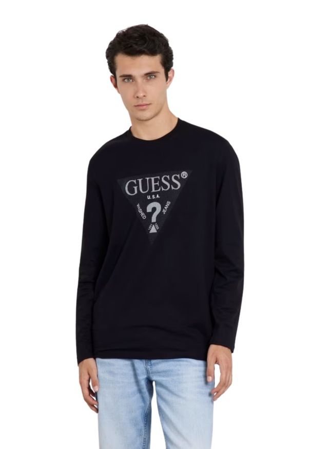 Guess - GUESS Czarny męski longsleeve Ls Cn, Rozmiar M. Kolor: czarny. Materiał: bawełna. Długość rękawa: długi rękaw. Długość: długie. Styl: elegancki
