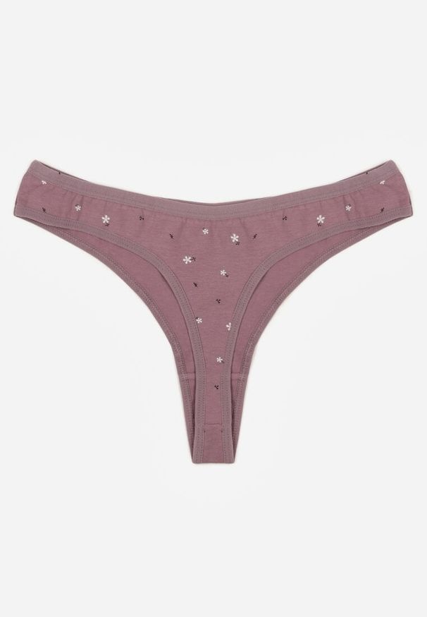 Born2be - Fioletowe Majtki Stringi z Bawełną w Kwiaty Calylia. Kolor: fioletowy. Materiał: bawełna. Wzór: kwiaty