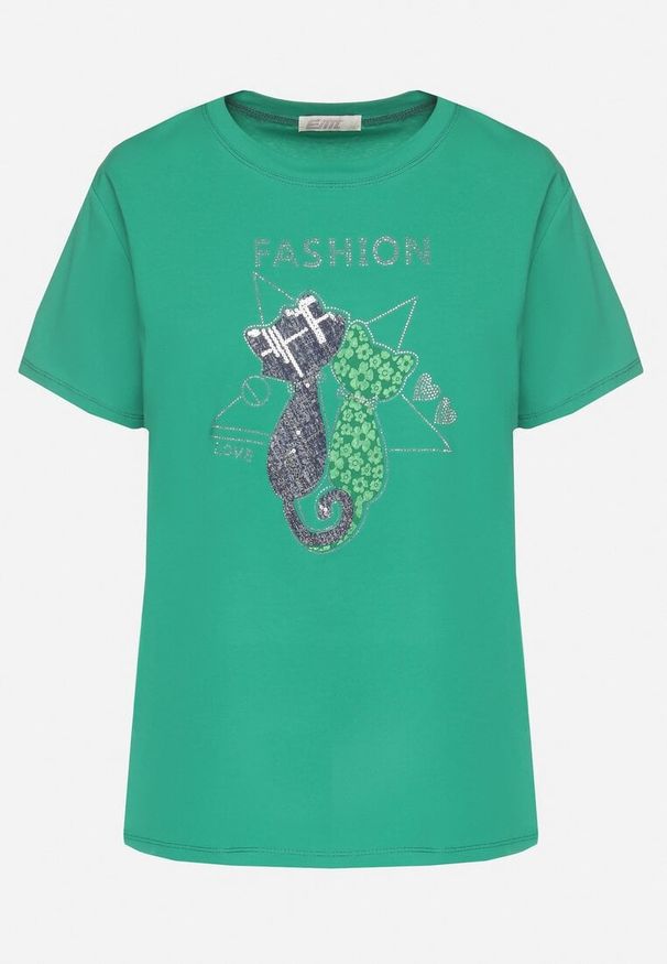 Born2be - Ciemnozielony T-shirt z Bawełny z Ozdobnym Napisem i Nadrukiem Olinella. Okazja: na co dzień. Kolor: zielony. Materiał: bawełna. Wzór: napisy, nadruk. Styl: casual