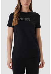 Guess - GUESS Czarny damski t-shirt na krótki rękaw z cyrkoniami Briana, Rozmiar M. Okazja: na co dzień. Kolor: czarny. Długość rękawa: krótki rękaw. Długość: krótkie. Styl: elegancki, casual #1