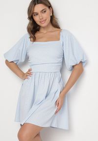 Born2be - Niebieska Sukienka Rozkloszowana z Bufiastymi Rękawami i Kwadratowym Dekoltem Galzemis. Okazja: na co dzień. Typ kołnierza: dekolt kwadratowy. Kolor: niebieski. Styl: klasyczny, casual, elegancki #5