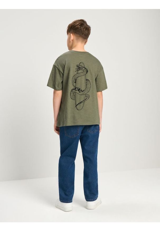 Sinsay - Koszulka z nadrukiem na plecach - khaki. Kolor: brązowy. Wzór: nadruk