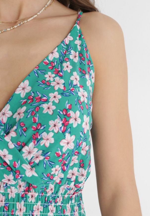 Born2be - Zielona Sukienka Maxi na Regulowanych Ramiączkach z Cienkimi Gumkami w Pasie Abgale. Okazja: na co dzień. Kolor: zielony. Długość rękawa: na ramiączkach. Wzór: kwiaty. Typ sukienki: proste. Styl: casual. Długość: maxi