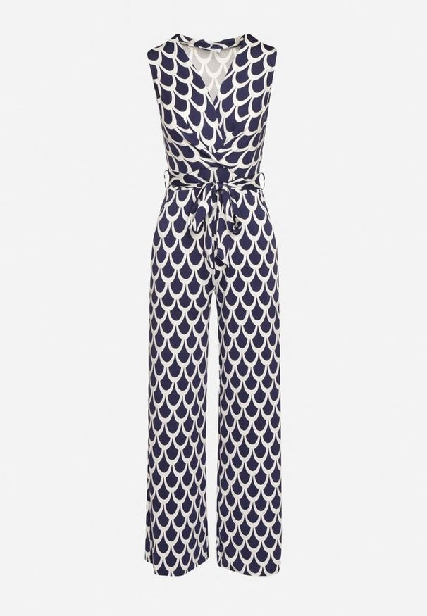 Born2be - Granatowo-Biały Taliowany Kombinezon z Kopertowym Dekoltem i Materiałowym Paskiem w Talii Feranea. Okazja: na co dzień. Kolor: niebieski. Materiał: materiał. Styl: klasyczny, casual, elegancki