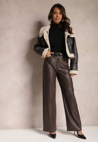Renee - Brązowe Szerokie Spodnie High Waist z Imitacji Skóry Curbelo. Stan: podwyższony. Kolor: brązowy. Materiał: skóra #2