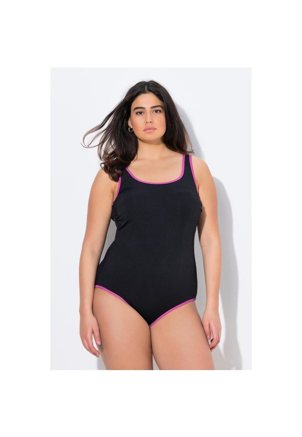 ULLA POPKEN - Damskie Strój kąpielowy kolorowe wypustki bez miękkich miseczek okrągły dekolt. Kolekcja: plus size. Kolor: czarny. Materiał: poliester, poliamid, materiał, elastan. Wzór: kolorowy