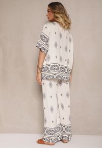 Renee - Beżowo-Szary Komplet w Stylu Boho Bluzka z Krótkim Rękawem i Luźne Spodnie Divorine. Kolor: beżowy. Materiał: materiał
