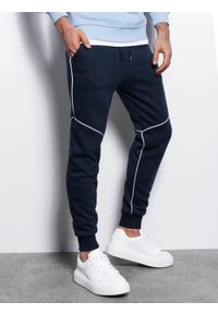 Ombre Clothing - Spodnie męskie dresowe joggery z kontrastowymi elementami - granatowe V3 OM-PASK-22FW-001 - XXL. Kolor: niebieski. Materiał: dresówka. Wzór: geometria