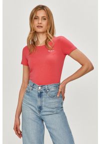 Pepe Jeans - T-shirt Bellrose. Okazja: na co dzień. Kolor: różowy. Materiał: bawełna, dzianina, elastan. Wzór: gładki, aplikacja. Styl: casual #1