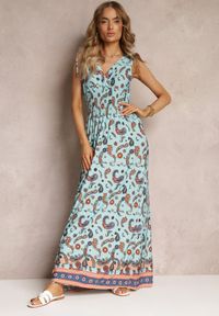 Renee - Niebieska Sukienka Maxi we Wzór Pailsey z Rozkloszowanym Dołem i Gumką w Talii Kinslei. Kolor: niebieski. Sezon: lato, wiosna. Długość: maxi