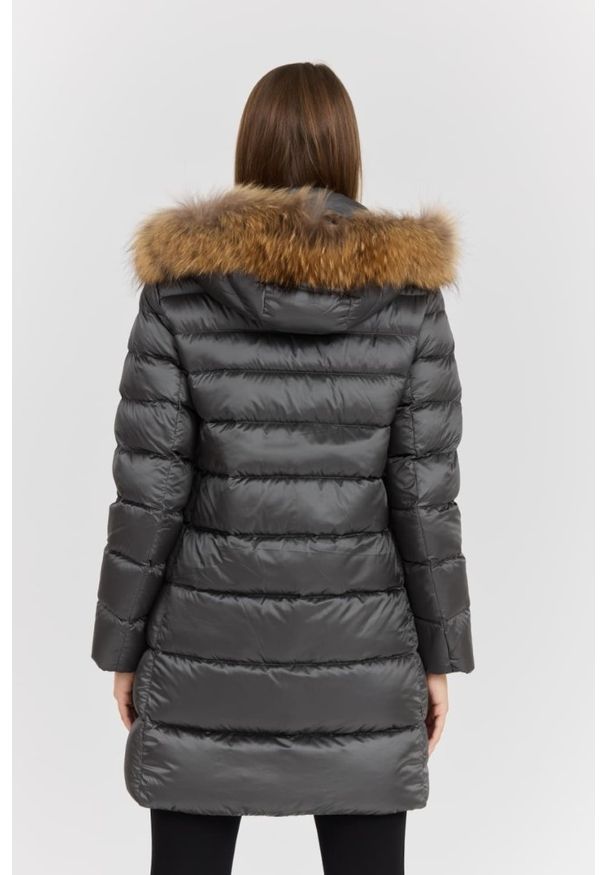 Hetrego - HETREGO Szara damska kurtka puchowa Leonie Quilted Woman Jacket With Detached Hood, Rozmiar 42 EU - 46 IT. Okazja: na co dzień. Kolor: szary. Materiał: puch. Długość rękawa: długi rękaw. Długość: długie. Styl: casual