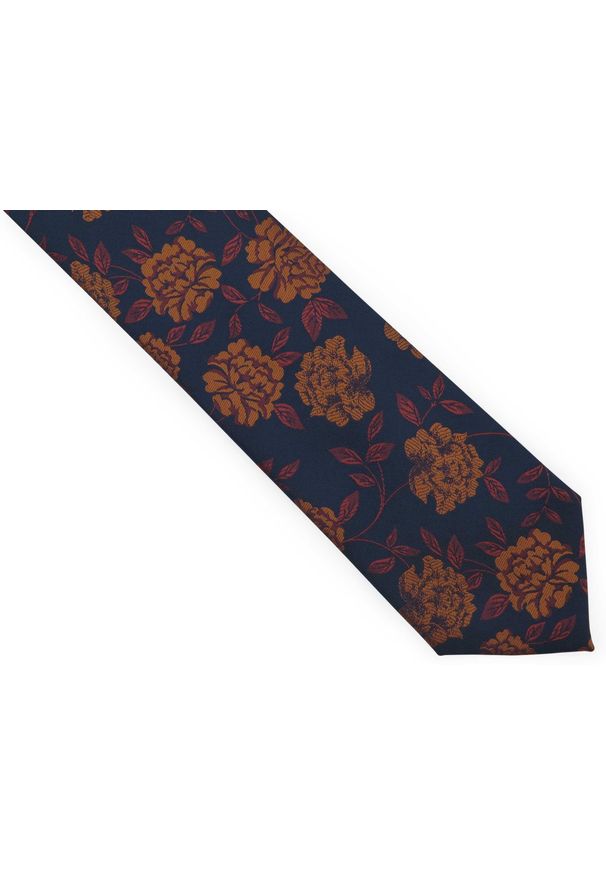 Adam Collection - Granatowy krawat męski w miedziane kwiaty D308. Kolor: brązowy, wielokolorowy, niebieski. Materiał: mikrofibra, tkanina. Wzór: kwiaty