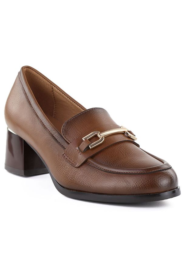 POTOCKI - Półbuty damskie lordsy na obcasie brązowe Potocki SZ12784. Kolor: brązowy. Materiał: skóra ekologiczna. Obcas: na obcasie. Wysokość obcasa: średni