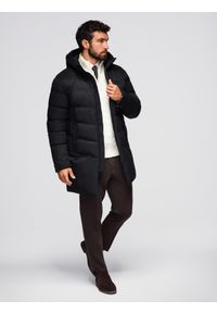 Ombre Clothing - Długa pikowana kurtka męska z kapturem – czarna V1. Okazja: na co dzień. Typ kołnierza: kaptur. Kolor: czarny. Materiał: poliester, materiał. Długość: długie. Wzór: aplikacja. Sezon: zima. Styl: casual, elegancki #8