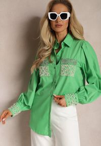 Renee - Zielona Koszula z Biżuteryjnymi Cyrkoniami i Perełkami Quezia. Kolor: zielony. Wzór: aplikacja #1