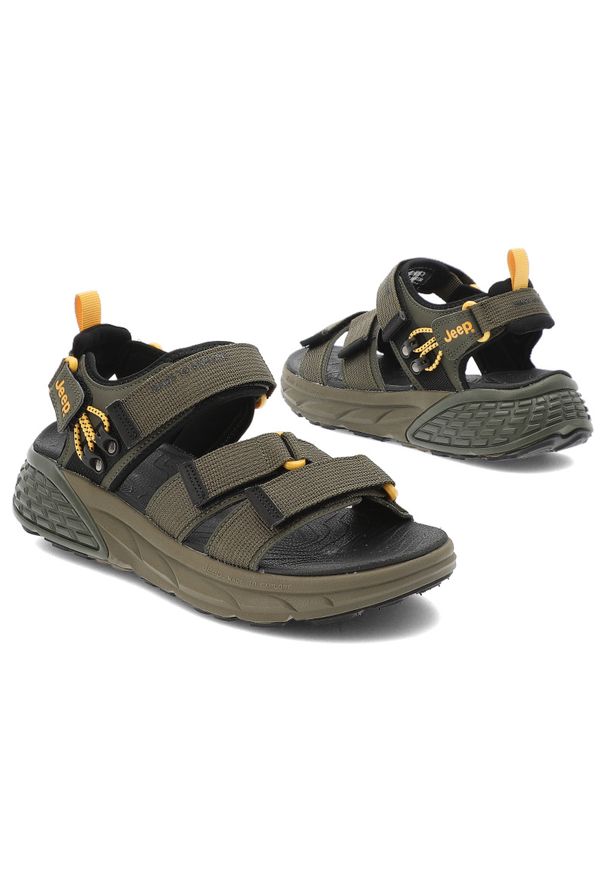 Zielone Sandały Jeep Modne Obuwie Męskie. Zapięcie: rzepy. Kolor: zielony. Materiał: materiał. Wzór: paski. Styl: street, elegancki