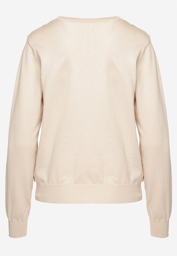 Born2be - Beżowy Sweter z Wiskozą i Cekinami Nevaluna. Okazja: na co dzień. Typ kołnierza: dekolt w serek. Kolor: beżowy. Materiał: wiskoza. Długość rękawa: długi rękaw. Długość: długie. Wzór: aplikacja, gładki. Styl: wizytowy, casual