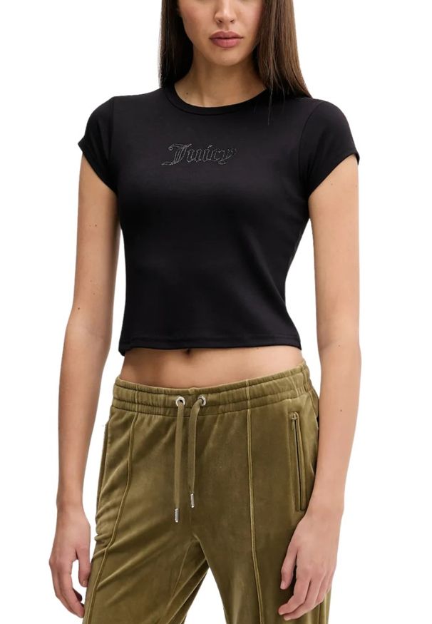 Juicy Couture - JUICY COUTURE Czarny damski t-shirt Capped Baby Sleeve, Rozmiar S. Okazja: na co dzień. Kolor: czarny. Materiał: materiał. Długość rękawa: krótki rękaw. Długość: krótkie. Styl: casual, klasyczny