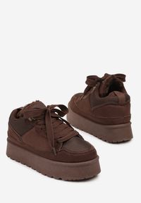 Born2be - Brązowe Sznurowane Sneakersy Śniegowce na Grubej Podeszwie Vamitte. Okazja: na co dzień, na spacer. Kolor: brązowy. Materiał: jeans, futro. Sport: turystyka piesza #5