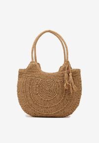 Born2be - Ciemnobeżowa Okrągła Torebka Pleciona w Stylu Boho z Ozdobnym Chwostem Karasa. Kolor: beżowy. Wzór: aplikacja. Sezon: lato. Styl: boho #4