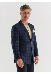 Pako Lorente - PAKO LORENTE – Granatowa marynarka w drobną kratkę. Okazja: na co dzień. Kolor: niebieski. Materiał: poliester, wełna, elastan. Wzór: kratka. Styl: casual #9