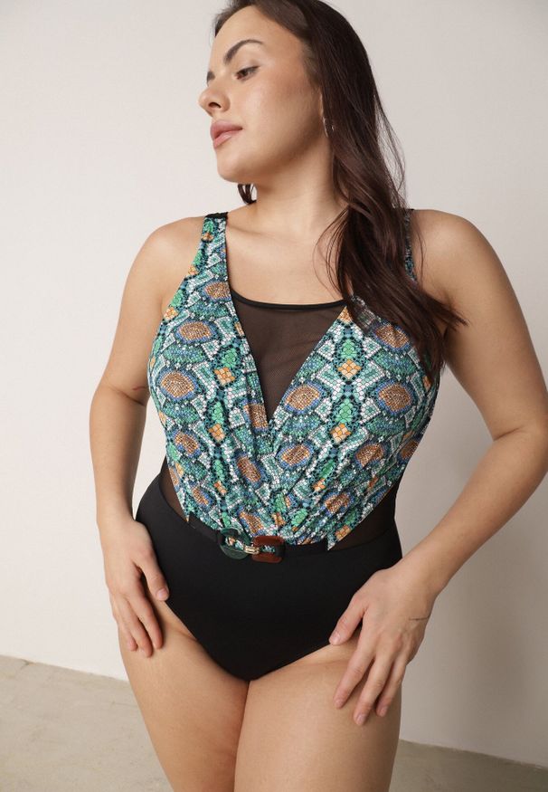 Born2be - Czarno-Zielony Kopertowy Strój Kąpielowy Jednoczęściowy z Siateczką i Paskiem Raera. Kolor: czarny. Materiał: len