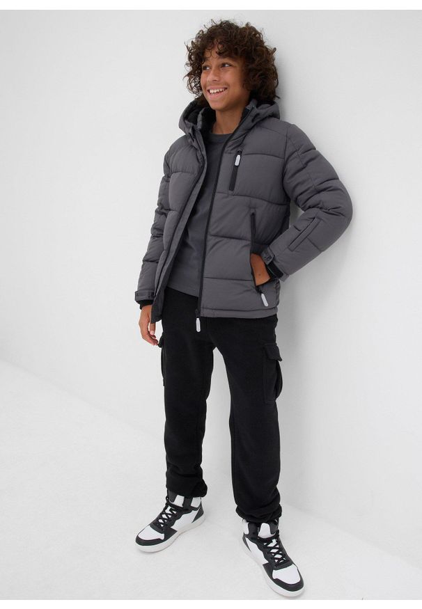 bonprix - Zimowa kurtka pikowana z kapturem, na ciepłej podszewce. Typ kołnierza: kaptur. Kolor: szary. Sezon: zima