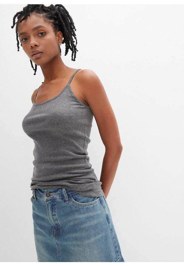 bonprix - Bawełniany top na cienkich ramiączkach (2 szt.). Kolor: czarny. Materiał: bawełna. Długość rękawa: na ramiączkach. Wzór: prążki. Styl: klasyczny